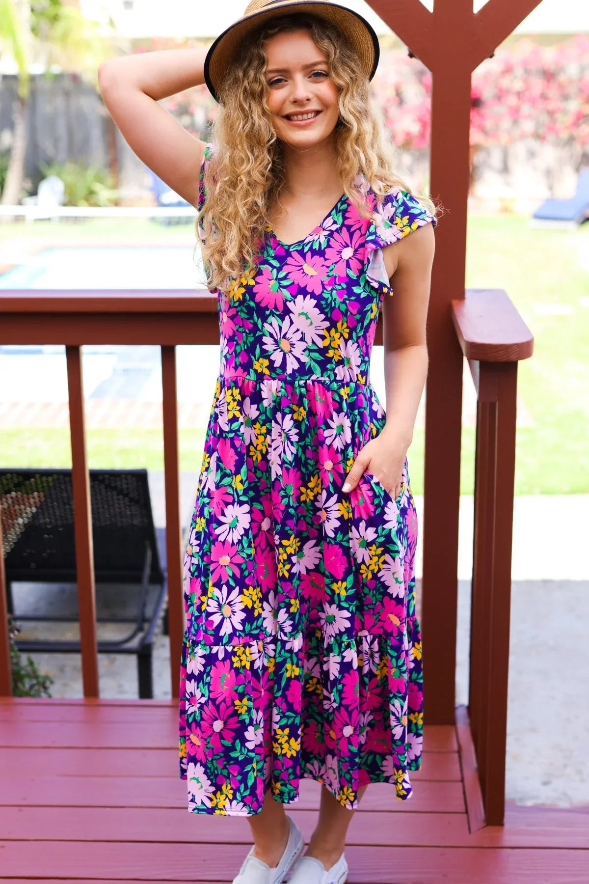 Diva Dreams Navy & Lilac Floral Fit & Flare Midi Dress | Daverri Fashions