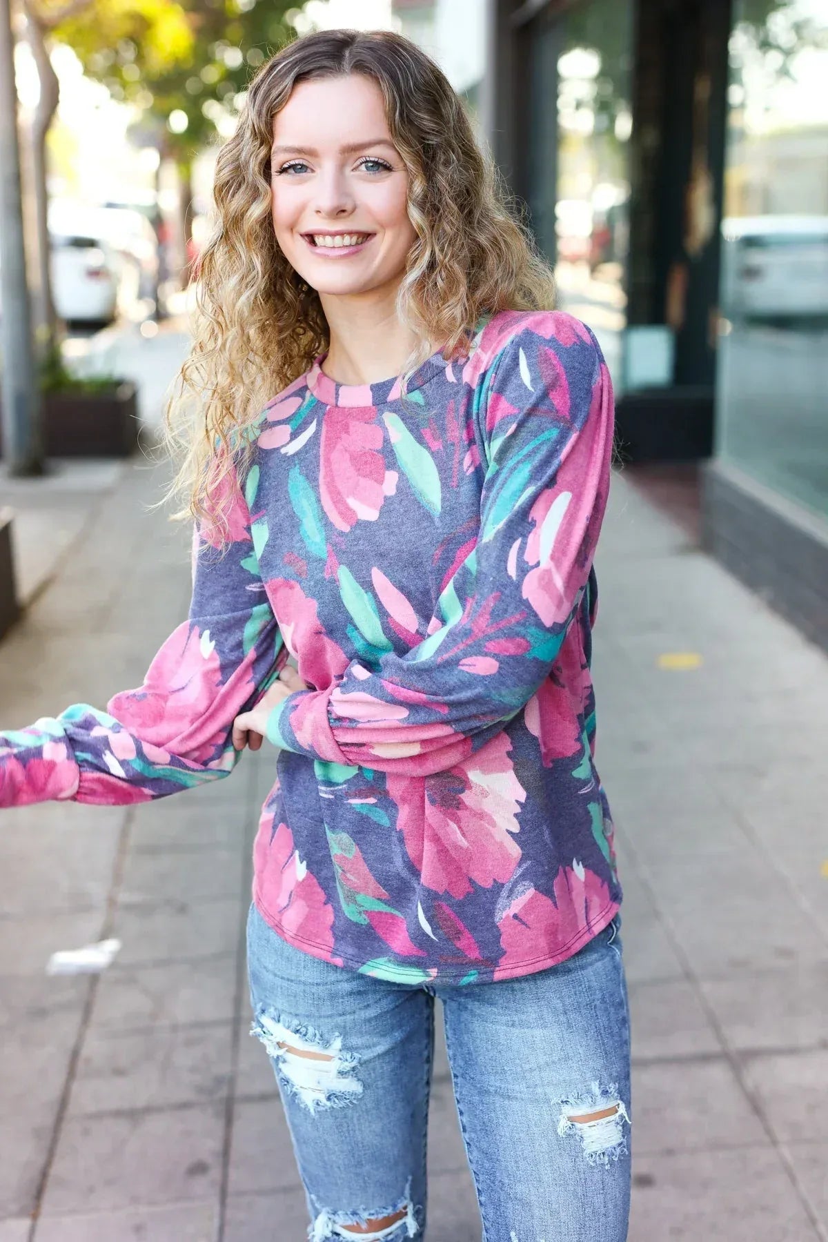 On My Heart Navy Floral Brushed Hacci Sweater Top - DAVERRI FASHIONS