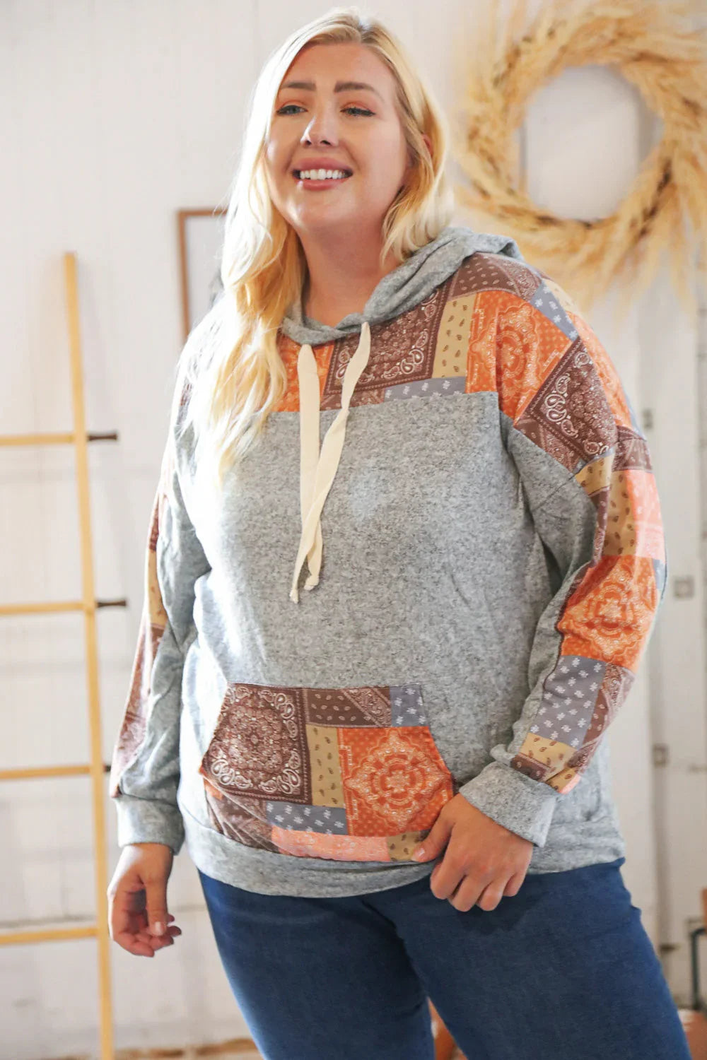 Harvest Ethnic Patchwork Print Kangaroo Pocket Hoodie | Daverri Fashions