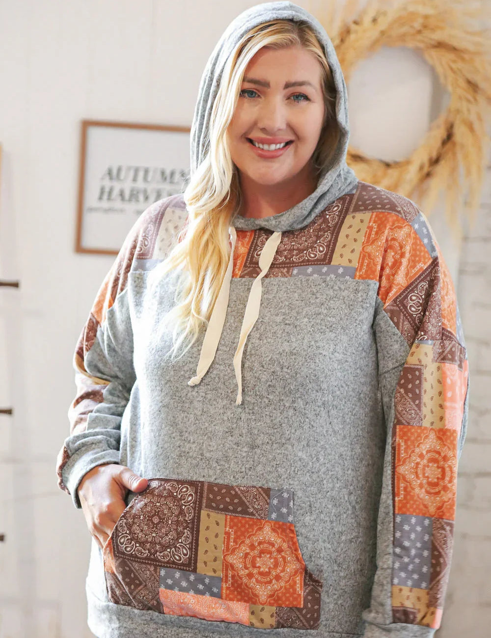 Harvest Ethnic Patchwork Print Kangaroo Pocket Hoodie | Daverri Fashions