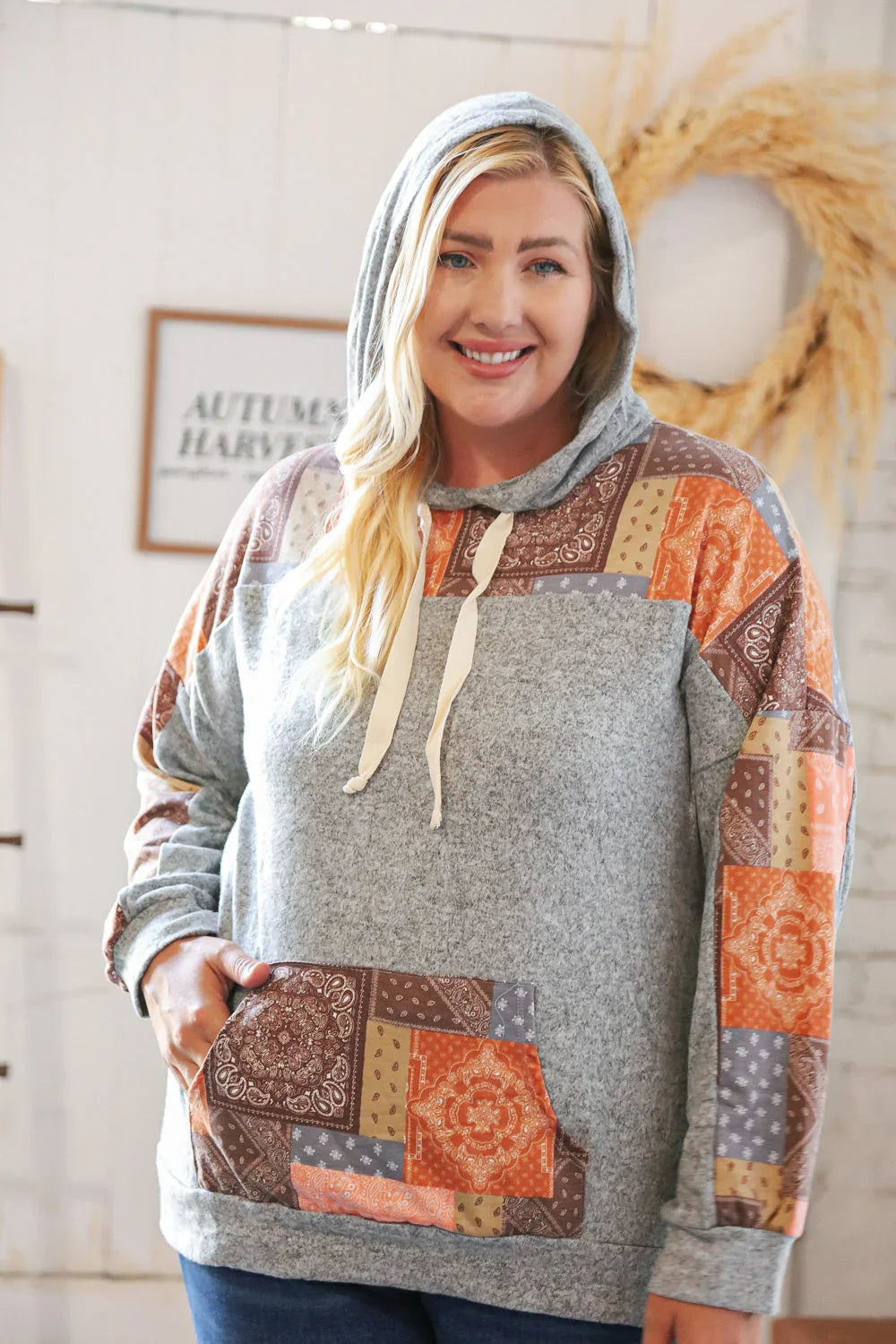 Harvest Ethnic Patchwork Print Kangaroo Pocket Hoodie | Daverri Fashions