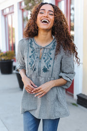 Beautiful You Dark Green Cotton Plaid Embroidered Back Button Top | Daverri Fashions