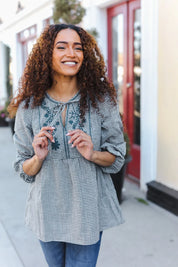 Beautiful You Dark Green Cotton Plaid Embroidered Back Button Top | Daverri Fashions