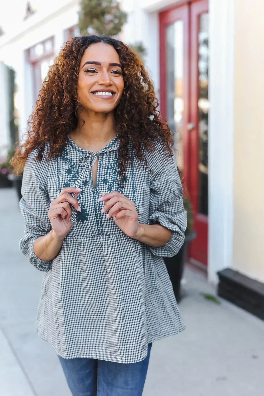 Beautiful You Dark Green Cotton Plaid Embroidered Back Button Top - DAVERRI FASHIONS