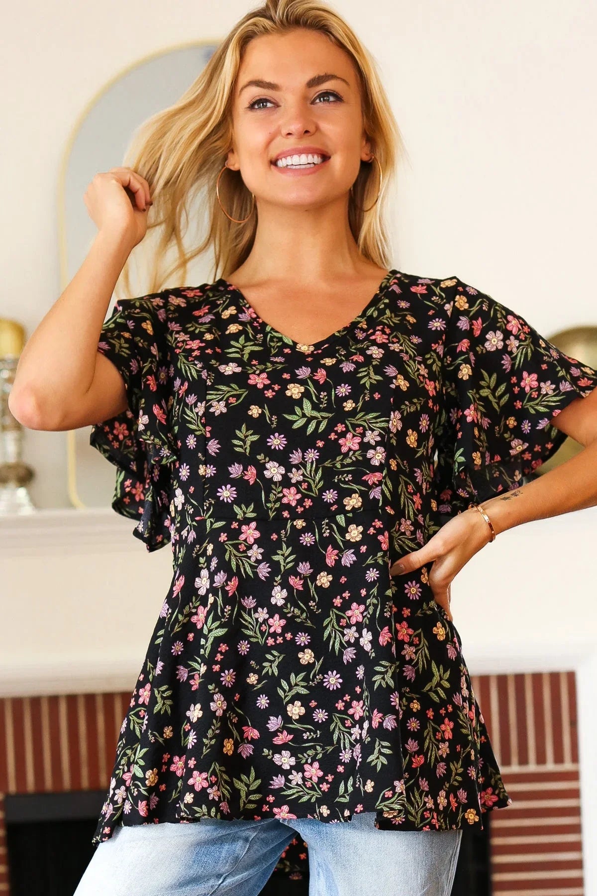 Summer Vibes Black Floral Print V Neck Babydoll Crepe Top | Daverri Fashions