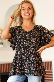 Summer Vibes Black Floral Print V Neck Babydoll Crepe Top | Daverri Fashions