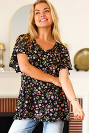 Summer Vibes Black Floral Print V Neck Babydoll Crepe Top | Daverri Fashions
