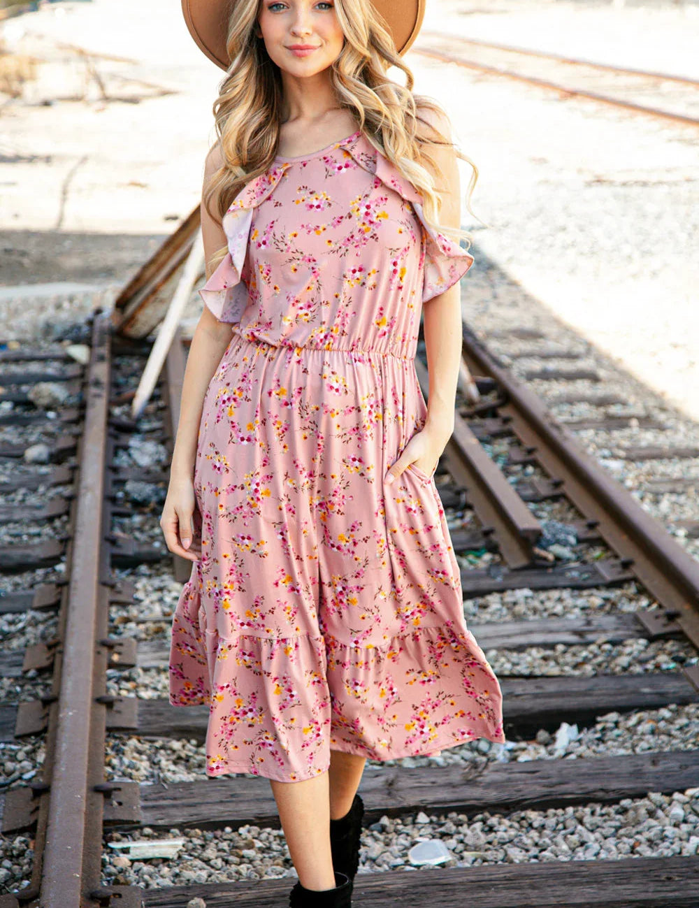 Rose Floral Halter Ruffle Hem Pocketed Midi Dress | 2024 Blow-Out Sale Daverri Fashions