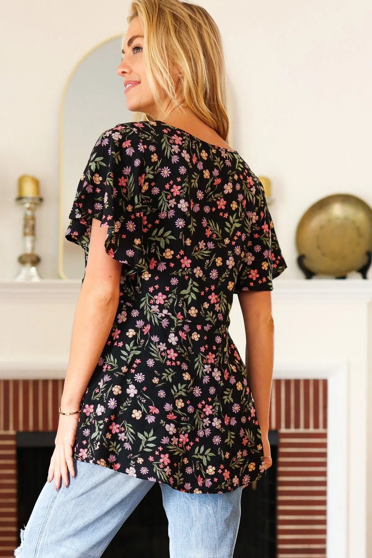 Summer Vibes Black Floral Print V Neck Babydoll Crepe Top | Daverri Fashions