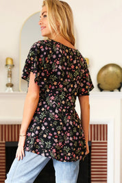 Summer Vibes Black Floral Print V Neck Babydoll Crepe Top | Daverri Fashions