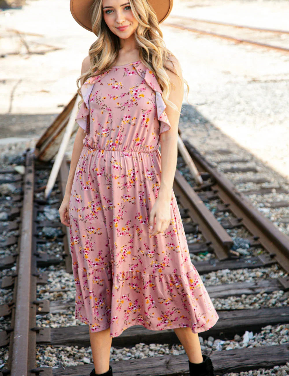 Rose Floral Halter Ruffle Hem Pocketed Midi Dress | 2024 Blow-Out Sale Daverri Fashions