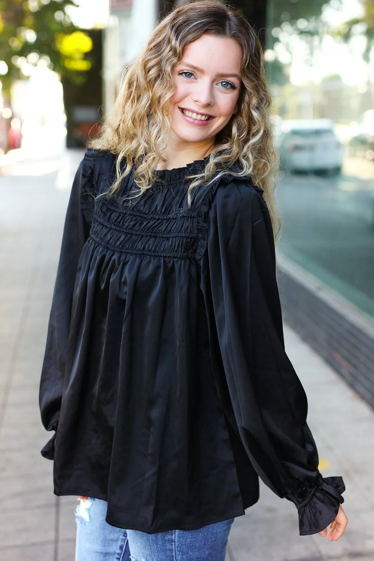 Be Your Best Black Satin Shirred Yoke Frilled Mock Neck Top | Daverri Fashions