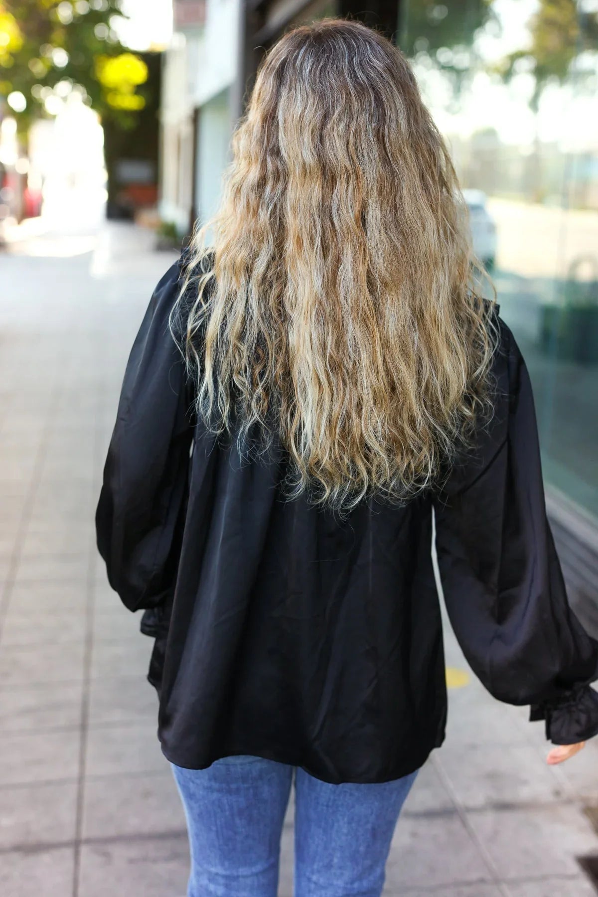 Be Your Best Black Satin Shirred Yoke Frilled Mock Neck Top | Daverri Fashions