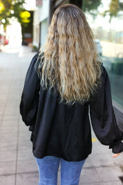 Be Your Best Black Satin Shirred Yoke Frilled Mock Neck Top | Daverri Fashions