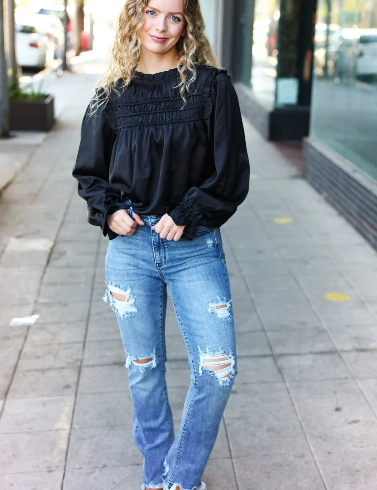 Be Your Best Black Satin Shirred Yoke Frilled Mock Neck Top | Daverri Fashions