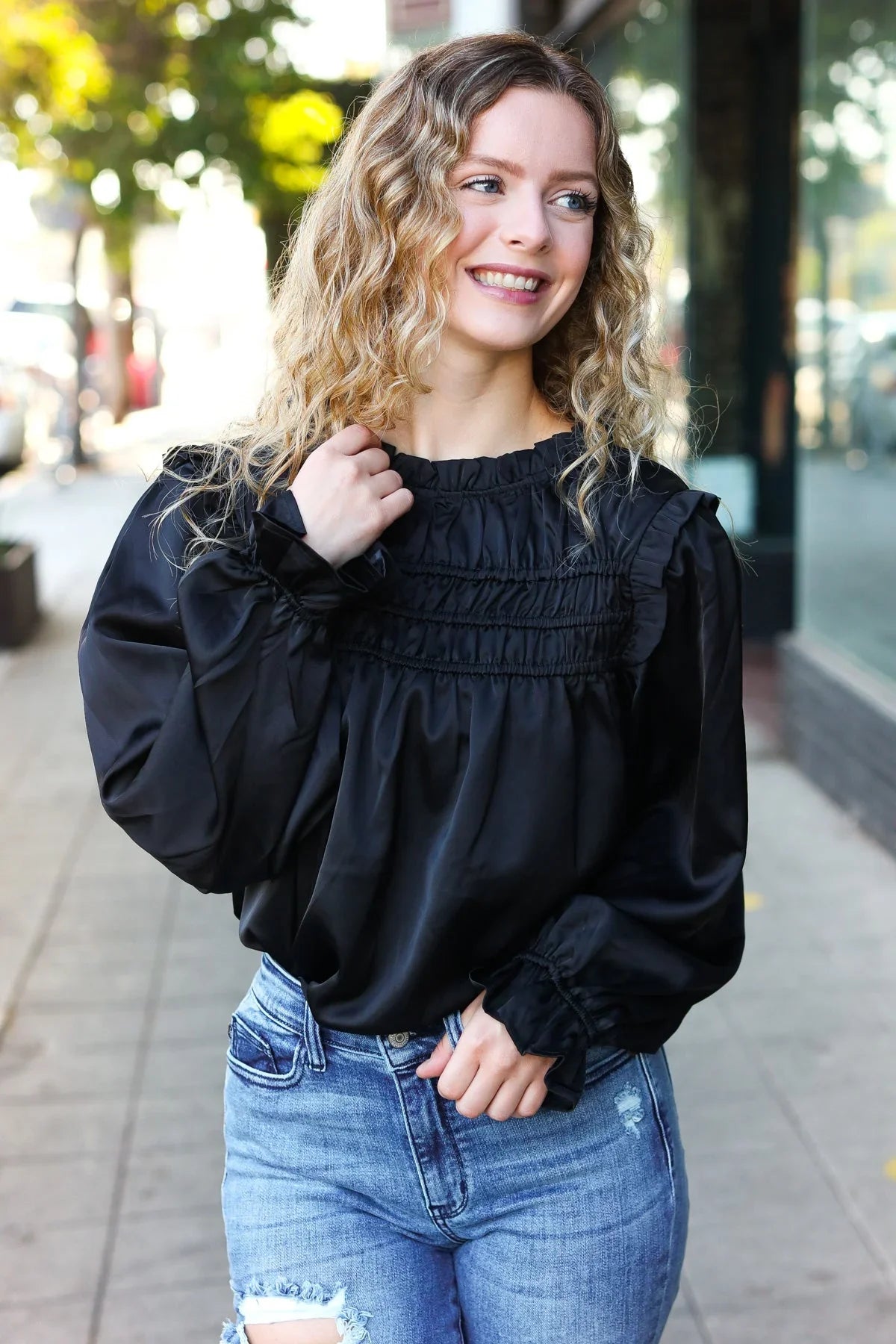 Be Your Best Black Satin Shirred Yoke Frilled Mock Neck Top | Daverri Fashions