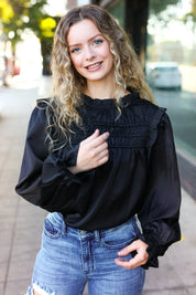 Be Your Best Black Satin Shirred Yoke Frilled Mock Neck Top | Daverri Fashions