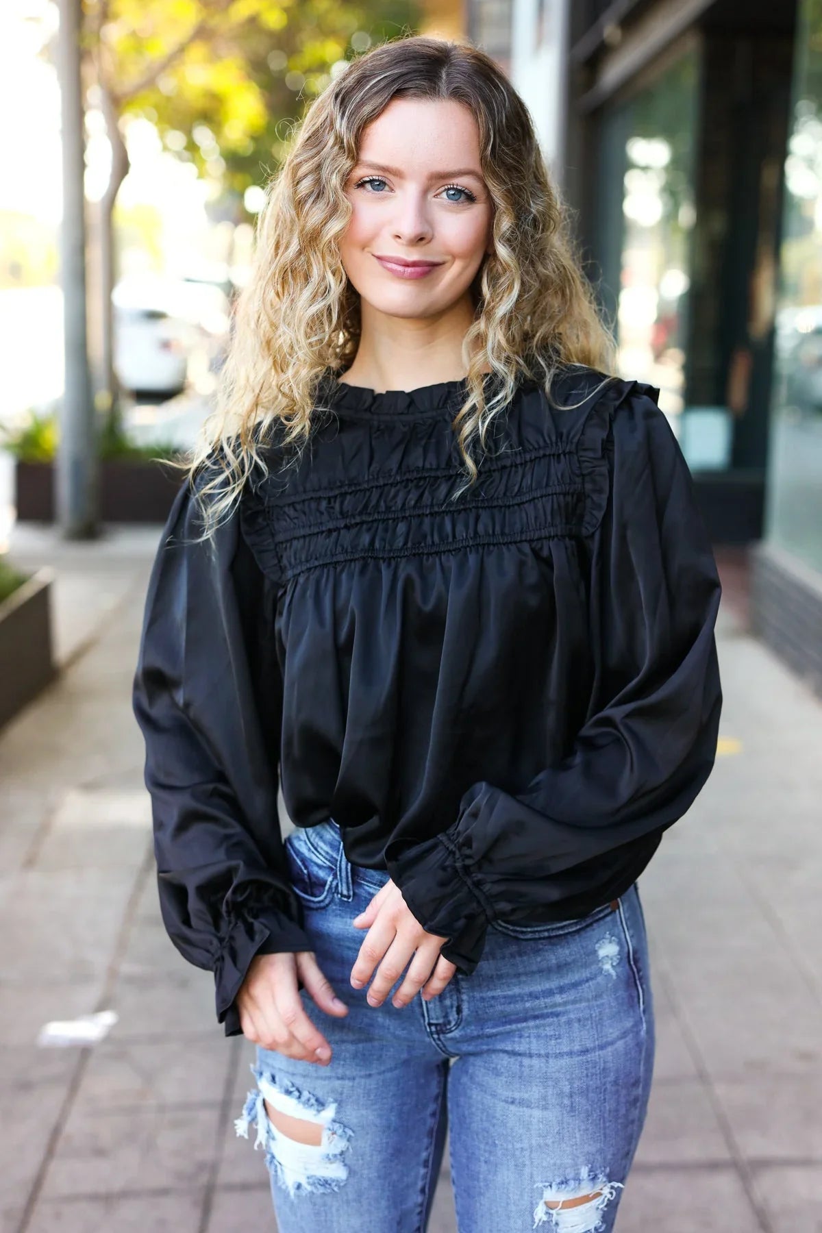 Be Your Best Black Satin Shirred Yoke Frilled Mock Neck Top | Daverri Fashions