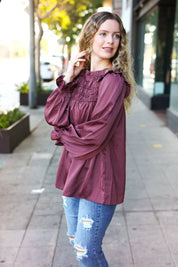 Be Your Best Wine Satin Shirred Yoke Frilled Mock Neck Top | Daverri Fashions