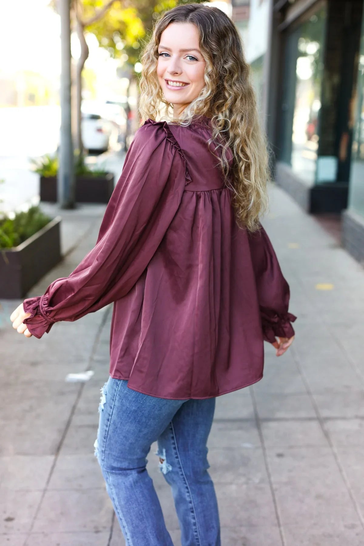 Be Your Best Wine Satin Shirred Yoke Frilled Mock Neck Top | Daverri Fashions