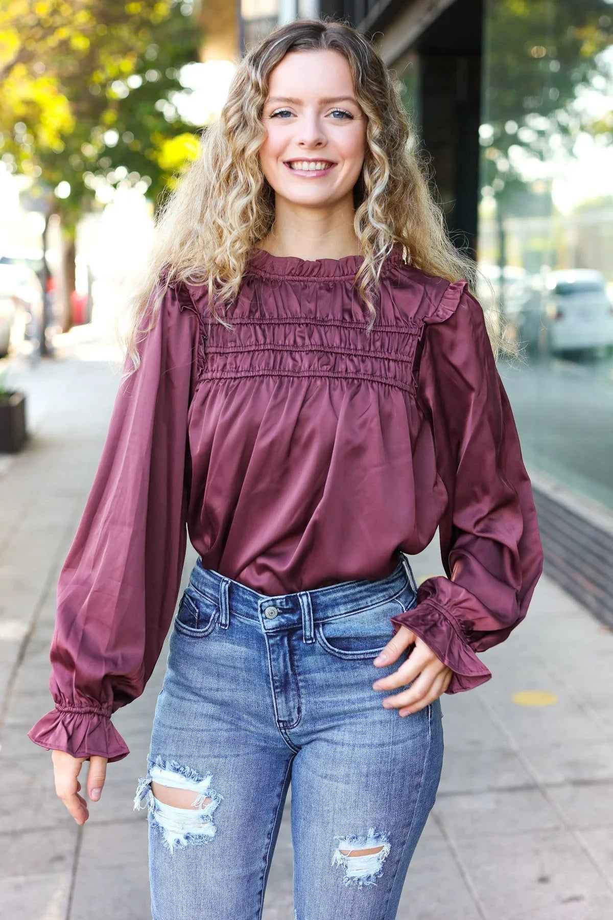 Be Your Best Wine Satin Shirred Yoke Frilled Mock Neck Top | Daverri Fashions