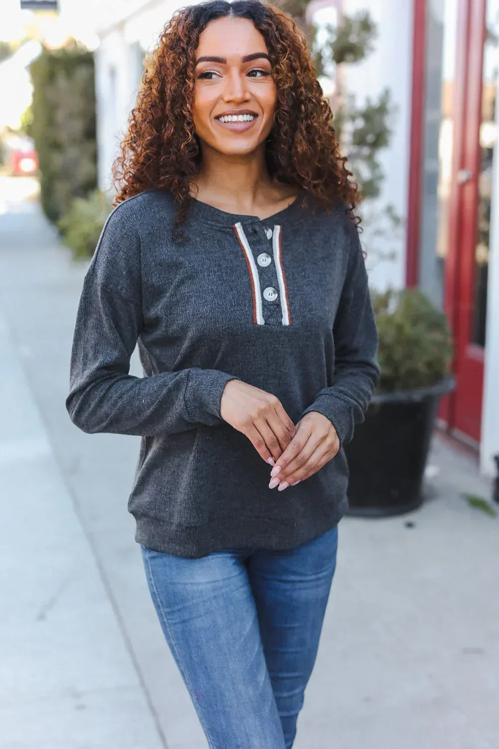 Casual Days Grey Ribbed Knit Button Down Henley Pullover - DAVERRI FASHIONS