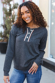 Casual Days Grey Ribbed Knit Button Down Henley Pullover | Daverri Fashions
