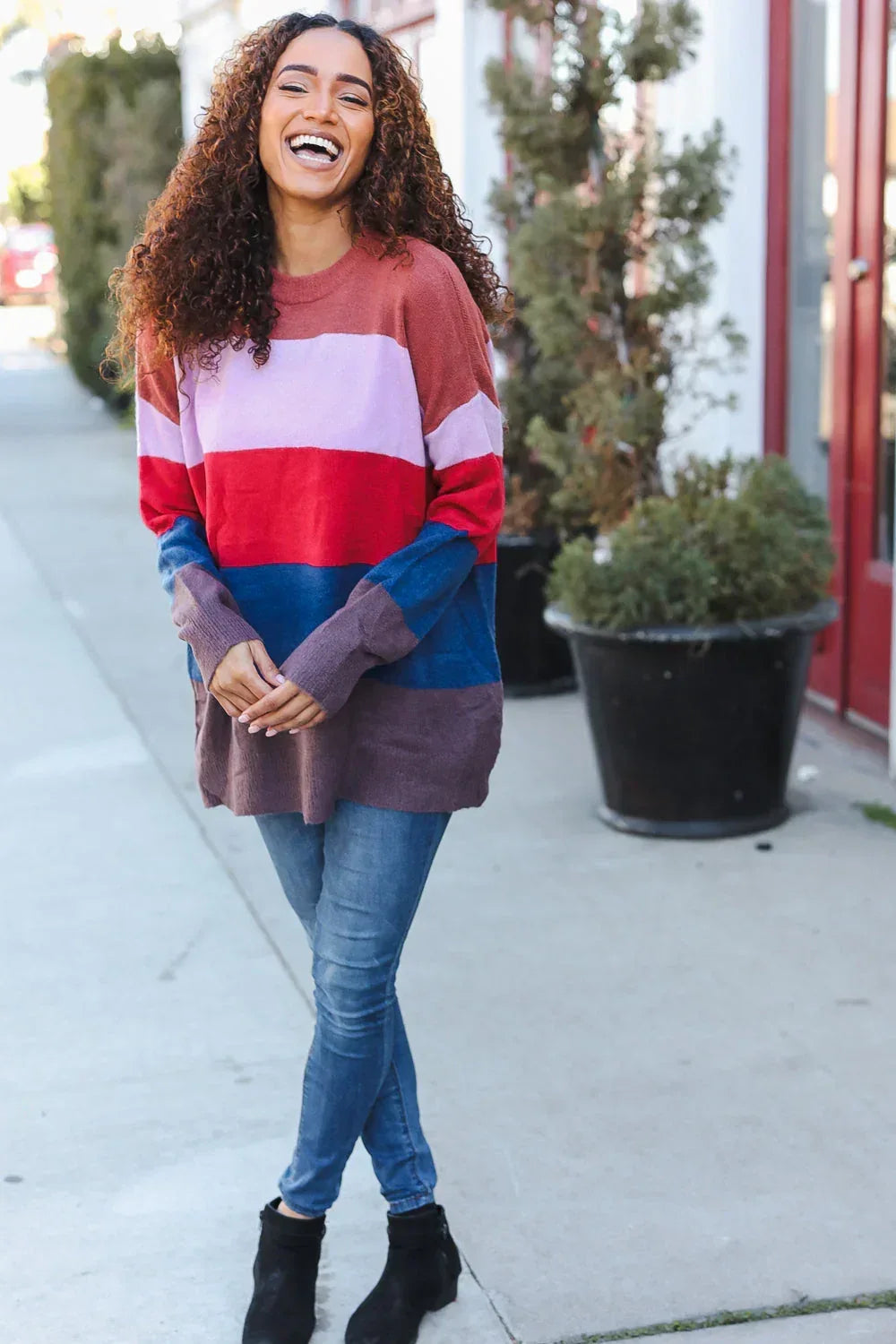 Lock Eyes Lilac Multi-Stripe Ribbed Knit Sweater Pullover - DAVERRI FASHIONS