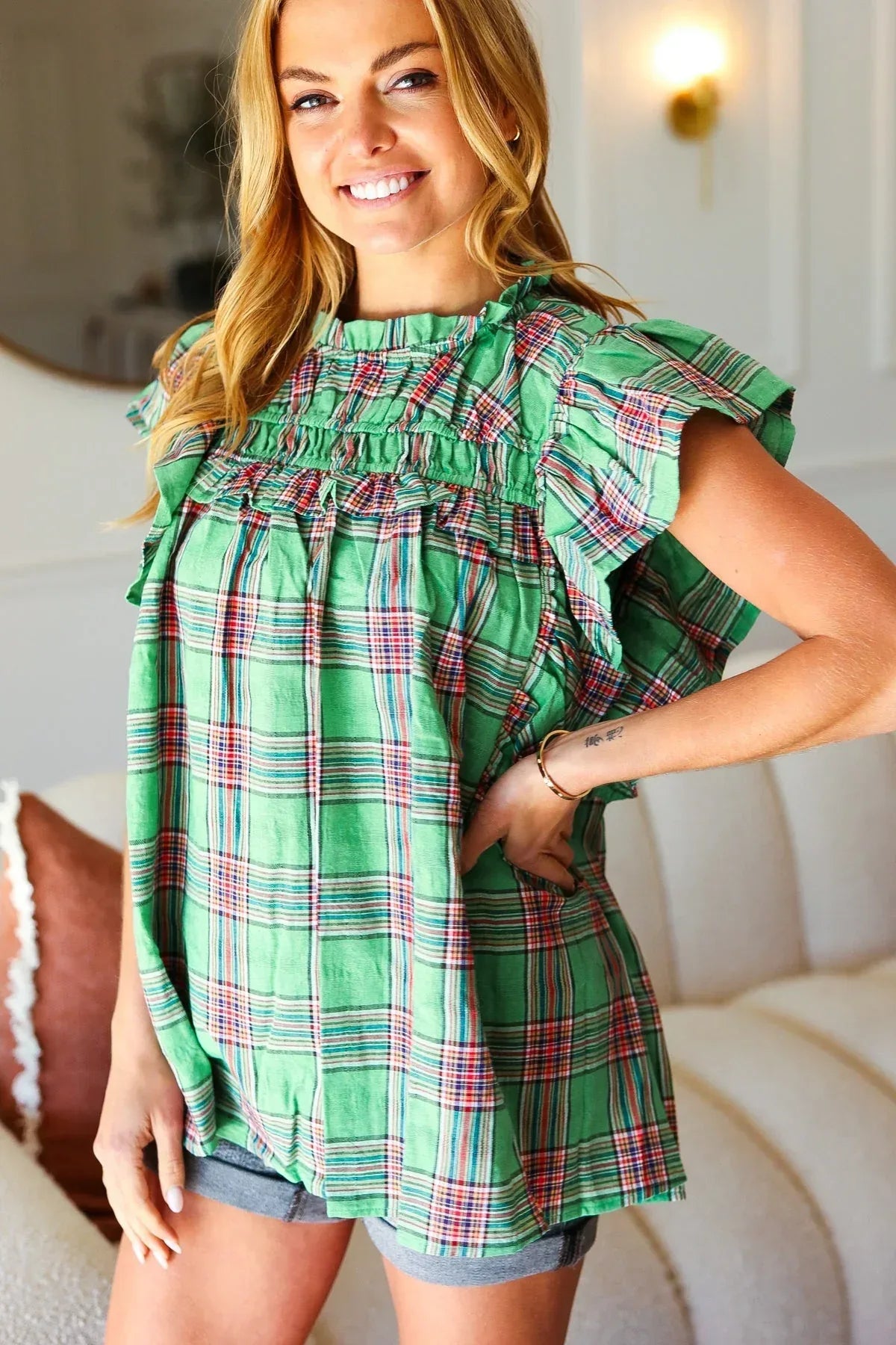 Live For Today Green Plaid Shirred Yoke Flutter Sleeve Top - DAVERRI FASHIONS