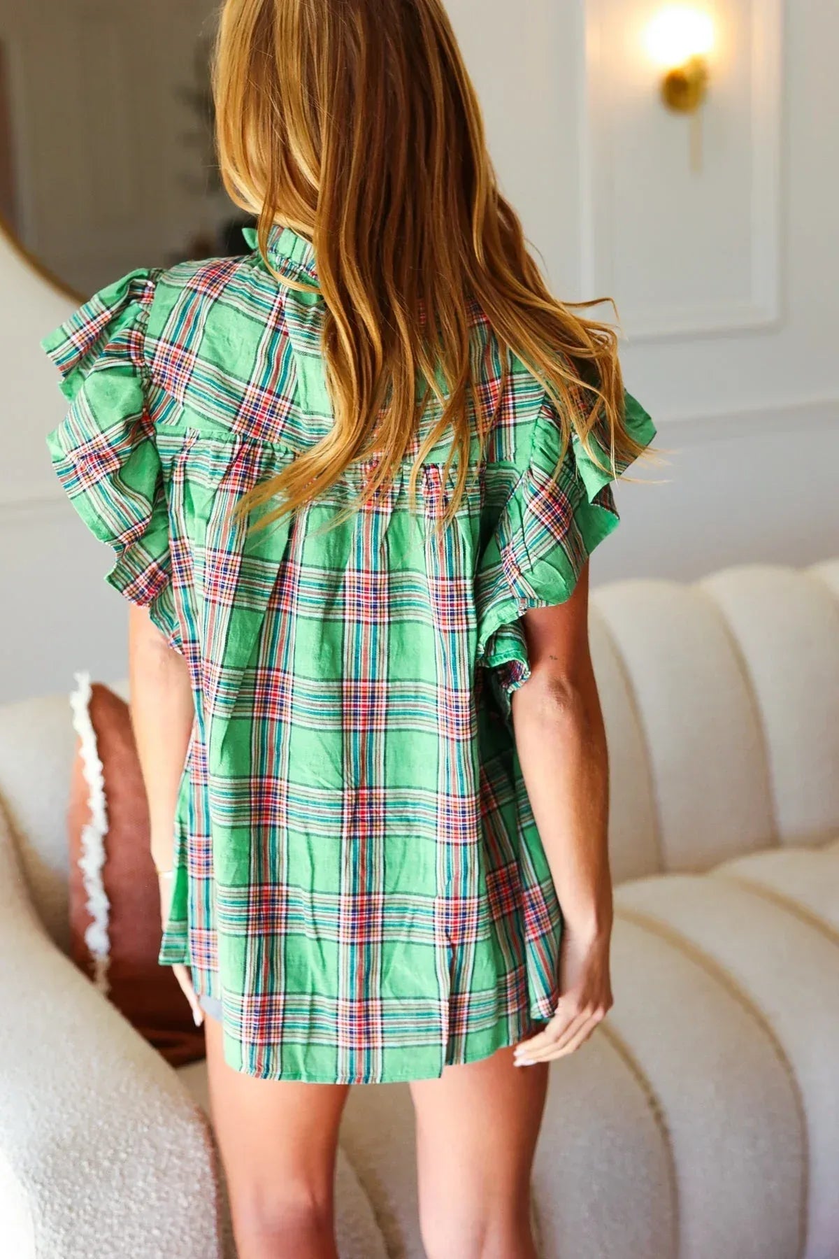 Live For Today Green Plaid Shirred Yoke Flutter Sleeve Top - DAVERRI FASHIONS
