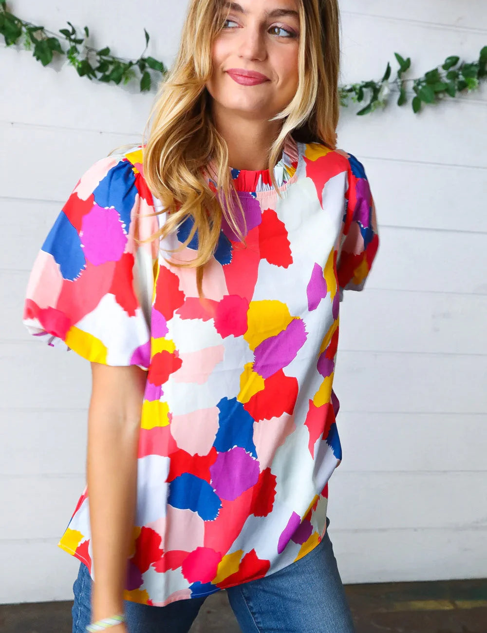 Multicolor Print Frilled Mock Neck Puff Sleeve Top | Daverri Fashions