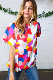 Multicolor Print Frilled Mock Neck Puff Sleeve Top | Daverri Fashions