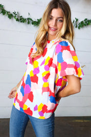 Multicolor Print Frilled Mock Neck Puff Sleeve Top | Daverri Fashions