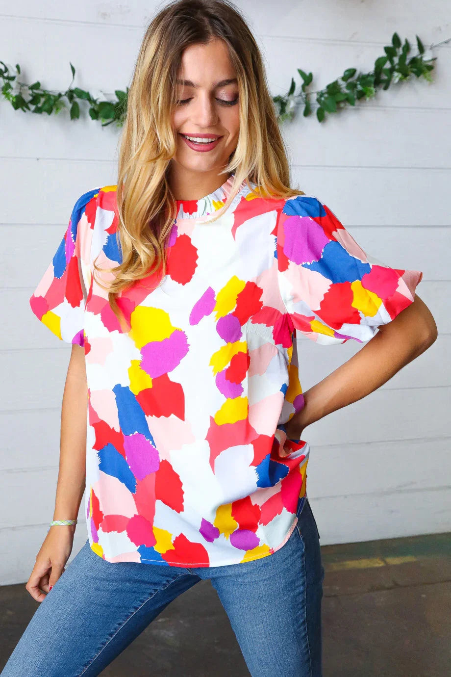 Multicolor Print Frilled Mock Neck Puff Sleeve Top | Daverri Fashions