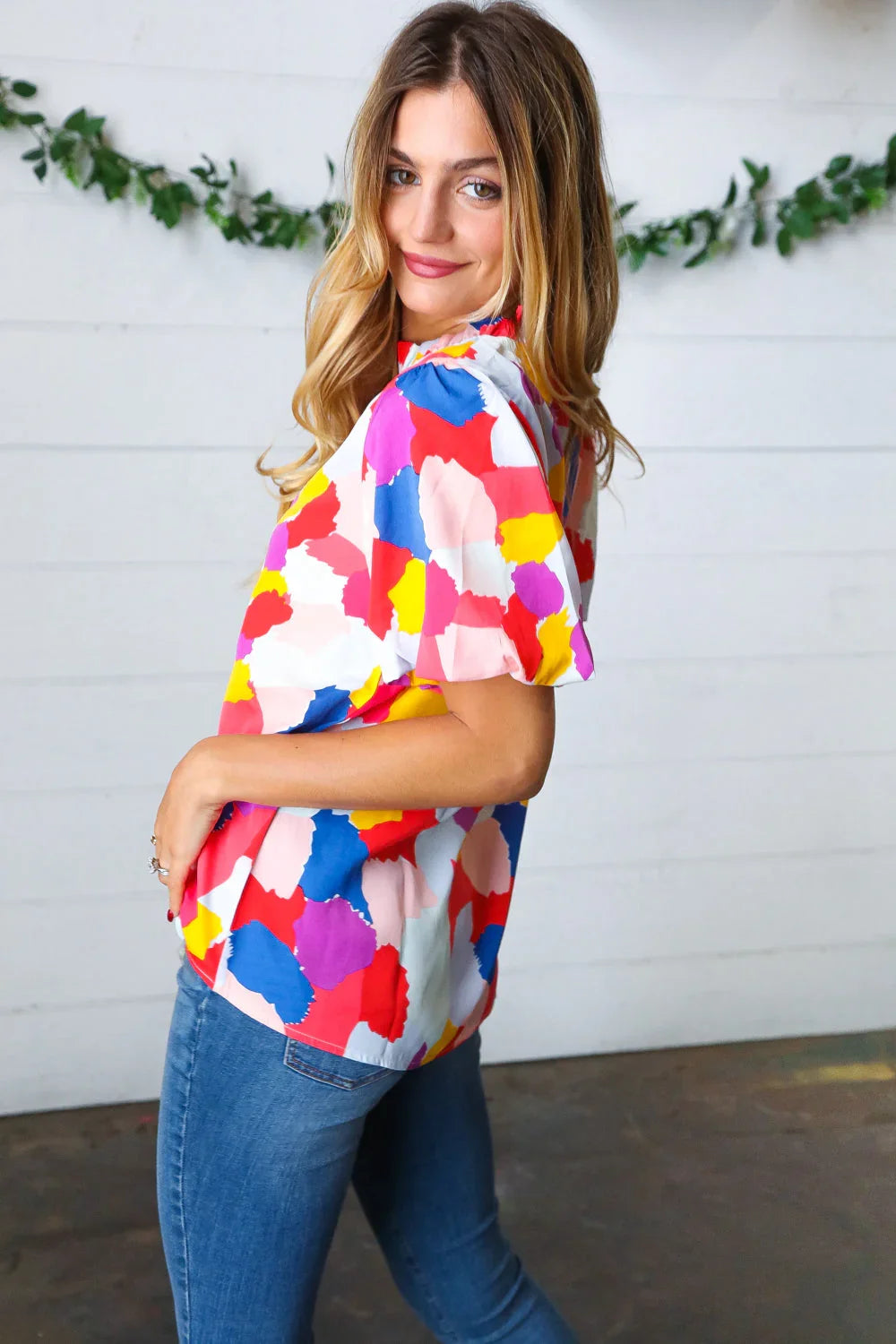 Multicolor Print Frilled Mock Neck Puff Sleeve Top | Daverri Fashions