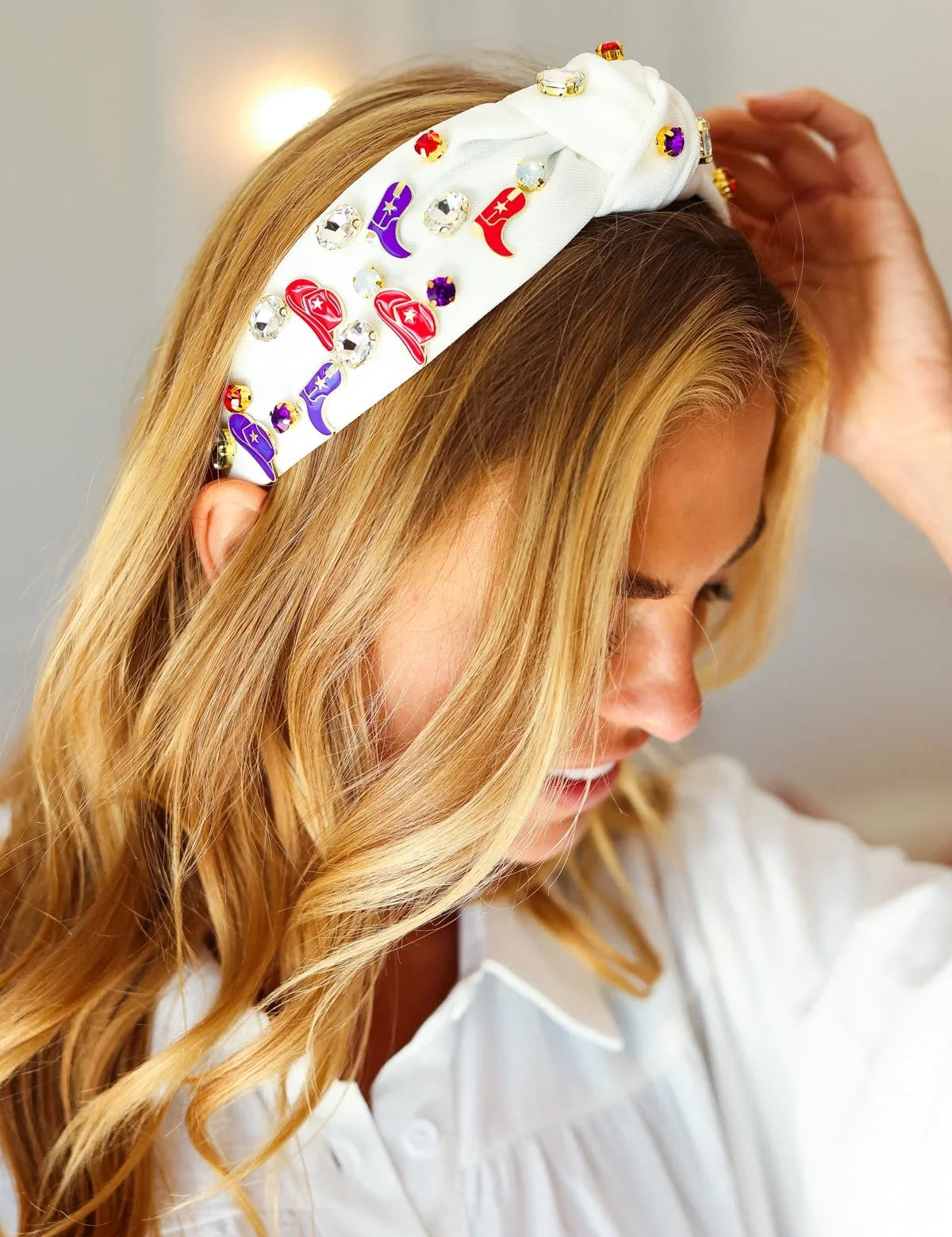 Red White & Blue Gem Cowboy Embellished Top Knot Headband | 07-01-25 Summer Sale Daverri Fashions