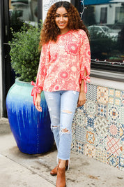 Be Bold Red & Coral Floral Long Sleeve Bow Tie Contrast Binding Top | Daverri Fashions