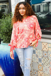 Be Bold Red & Coral Floral Long Sleeve Bow Tie Contrast Binding Top | Daverri Fashions