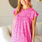 Look Of Love Fuchsia Floral Yoke Ruffle Short Sleeve Top - DAVERRI FASHIONS