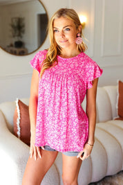 Look Of Love Fuchsia Floral Yoke Ruffle Short Sleeve Top | Daverri Fashions