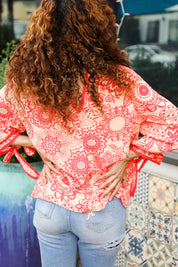 Be Bold Red & Coral Floral Long Sleeve Bow Tie Contrast Binding Top | Daverri Fashions