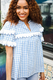 Lost In Love Cotton Blue Gingham Shirred Mock Neck Top | Daverri Fashions