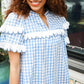 Lost In Love Cotton Blue Gingham Shirred Mock Neck Top - DAVERRI FASHIONS
