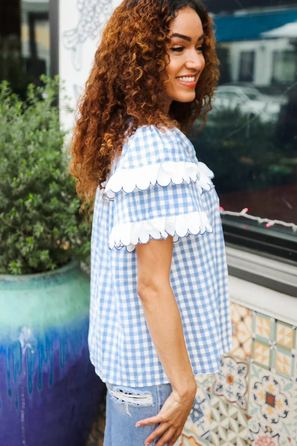 Lost In Love Cotton Blue Gingham Shirred Mock Neck Top | Daverri Fashions