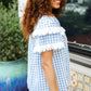Lost In Love Cotton Blue Gingham Shirred Mock Neck Top - DAVERRI FASHIONS