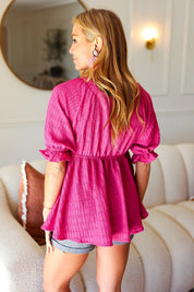 Feeling Strong Fuchsia Textured V Neck Babydoll Top | Daverri Fashions