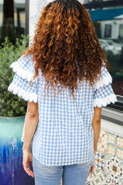 Lost In Love Cotton Blue Gingham Shirred Mock Neck Top | Daverri Fashions