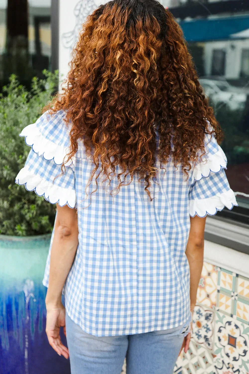 Lost In Love Cotton Blue Gingham Shirred Mock Neck Top - DAVERRI FASHIONS