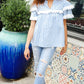 Lost In Love Cotton Blue Gingham Shirred Mock Neck Top - DAVERRI FASHIONS