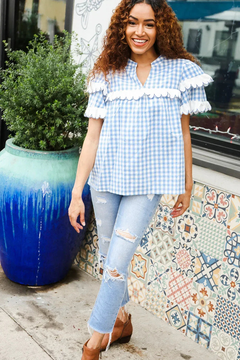Lost In Love Cotton Blue Gingham Shirred Mock Neck Top - DAVERRI FASHIONS
